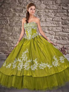 Olive Green Lace Up Strapless Appliques 15 Quinceanera Dress Taffeta Sleeveless