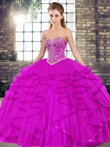 Flare Fuchsia Sleeveless Tulle Lace Up Vestidos de Quinceanera for Military Ball and Sweet 16 and Quinceanera