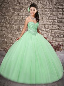 Simple Floor Length Lace Up Ball Gown Prom Dress Apple Green for Military Ball and Sweet 16 and Quinceanera with Beading