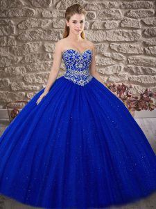 Royal Blue Sleeveless Tulle Brush Train Lace Up Vestidos de Quinceanera for Military Ball and Sweet 16 and Quinceanera