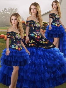 Cheap Floor Length Blue And Black Sweet 16 Quinceanera Dress Off The Shoulder Sleeveless Lace Up