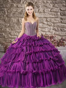 Noble Purple Ball Gowns Organza Sweetheart Sleeveless Beading and Ruffled Layers Floor Length Lace Up Sweet 16 Dresses
