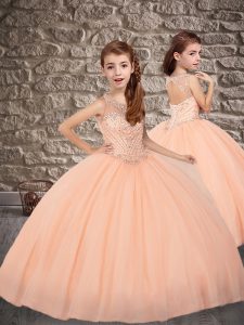 Peach Tulle Lace Up Scoop Sleeveless Little Girls Pageant Gowns Sweep Train Beading