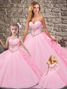 Custom Designed Pink 15th Birthday Dress Organza and Tulle Court Train Sleeveless Beading and Ruffles