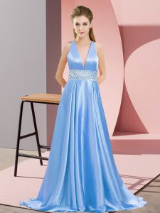 Decent Baby Blue Prom Gown Prom and Party with Beading V-neck Sleeveless Brush Train Backless