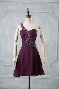 Dark Purple Prom Party Dress Chiffon Sleeveless Beading and Ruching