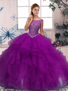 Beading and Ruffles Ball Gown Prom Dress Purple Zipper Sleeveless Floor Length