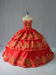 Sleeveless Floor Length Embroidery and Ruffled Layers Lace Up Quinceanera Dress with Red