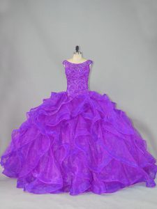 Sleeveless Beading and Ruffles Lace Up 15th Birthday Dress with Purple Brush Train