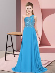 Blue Evening Dress Prom and Party with Beading One Shoulder Sleeveless Side Zipper