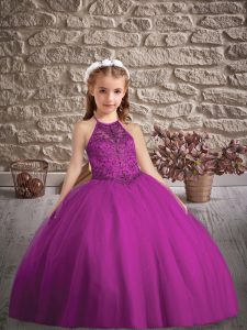 Sleeveless Beading Criss Cross Pageant Dress for Girls with Purple Sweep Train