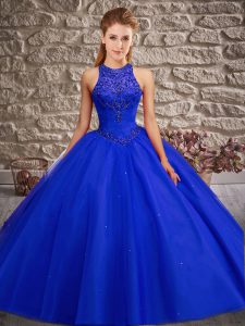 Decent Sleeveless Tulle Brush Train Lace Up Quince Ball Gowns in Royal Blue with Beading
