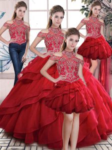 Fabulous Floor Length Red Quince Ball Gowns High-neck Sleeveless Lace Up