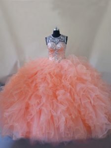 Lace Up Quinceanera Dress Peach for Sweet 16 and Quinceanera with Beading and Ruffles Court Train