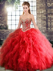 Dynamic Sleeveless Floor Length Beading and Ruffles Lace Up Quince Ball Gowns with Red