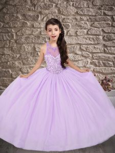 Sleeveless Beading Lace Up Little Girl Pageant Dress with Lavender Sweep Train