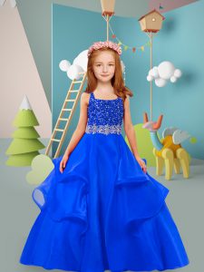 Hot Selling Royal Blue Organza Zipper Square Sleeveless Floor Length Pageant Dress for Teens Beading and Ruffles
