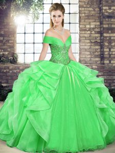Custom Design Off The Shoulder Sleeveless Lace Up Quinceanera Gowns Green Organza