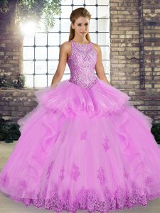 Decent Tulle Scoop Sleeveless Lace Up Lace and Embroidery and Ruffles Quinceanera Gown in Lilac