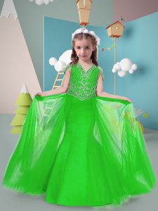 Modern Tulle V-neck Sleeveless Sweep Train Zipper Beading Child Pageant Dress in Green