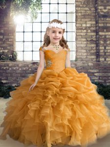 Popular Organza Straps Sleeveless Lace Up Beading and Ruffles and Pick Ups Girls Pageant Dresses in Orange