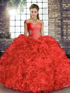 Pretty Coral Red Ball Gowns Organza Off The Shoulder Sleeveless Beading and Ruffles Floor Length Lace Up Vestidos de Qui