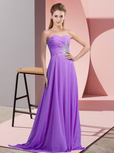 Floor Length Lavender Prom Gown Chiffon Sleeveless Beading and Ruching