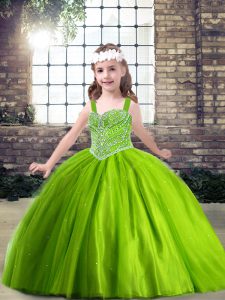 Sleeveless Floor Length Beading Lace Up Little Girls Pageant Gowns with Green