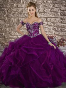 Lace Up Quinceanera Gown Purple for Military Ball and Sweet 16 and Quinceanera with Beading and Ruffles Sweep Train