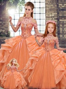 Custom Made Orange Ball Gowns Organza Halter Top Sleeveless Beading and Ruffles Floor Length Lace Up Sweet 16 Dresses