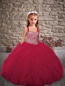 Cheap Red Sleeveless Beading and Ruffles Floor Length Little Girl Pageant Dress