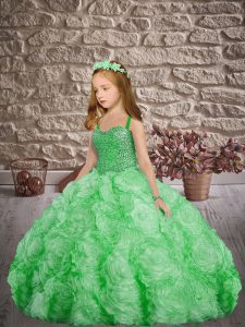 Straps Sleeveless Fabric With Rolling Flowers Girls Pageant Dresses Beading Sweep Train Lace Up