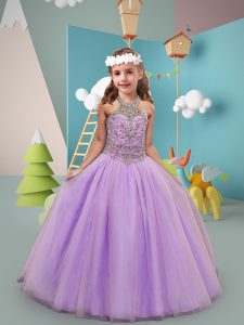 Gorgeous Lavender Kids Pageant Dress Tulle Sweep Train Sleeveless Beading