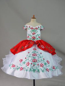 Inexpensive Sleeveless Lace Up Floor Length Embroidery and Ruffles Pageant Dress for Girls