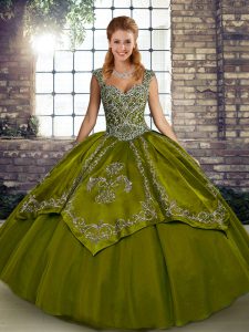 Classical Olive Green Straps Neckline Beading and Embroidery Quinceanera Gown Sleeveless Lace Up