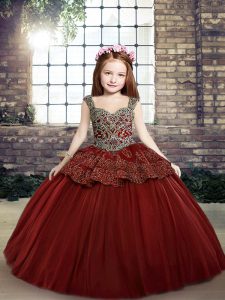 Elegant Tulle Straps Sleeveless Lace Up Beading Little Girls Pageant Dress Wholesale in Red