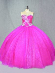 Fuchsia Ball Gowns Tulle Sweetheart Sleeveless Beading Floor Length Lace Up Quinceanera Dresses