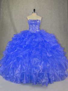 Fancy Floor Length Blue Sweet 16 Dresses Strapless Sleeveless Lace Up