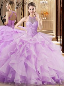 High Class Lilac Ball Gowns Beading and Ruffles 15 Quinceanera Dress Lace Up Organza Sleeveless