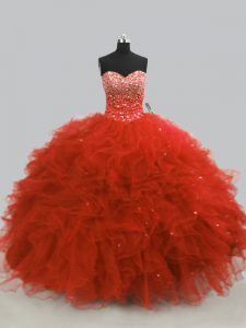 Rust Red Lace Up Quince Ball Gowns Beading and Ruffles Sleeveless Floor Length
