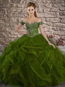 Olive Green 15 Quinceanera Dress Military Ball and Sweet 16 and Quinceanera with Beading and Ruffles Sweetheart Sleevele