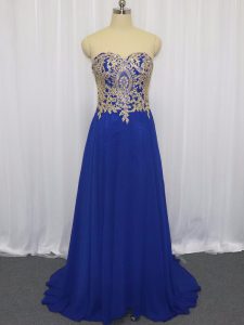 Zipper Prom Dress Royal Blue for Prom and Party and Military Ball with Lace and Appliques Brush Train