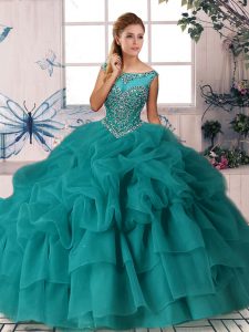 On Sale Organza Scoop Sleeveless Brush Train Zipper Beading and Pick Ups 15th Birthday Dress in Teal