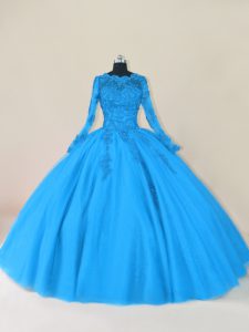 Blue Long Sleeves Tulle Zipper Quinceanera Dresses for Sweet 16 and Quinceanera