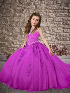 Lilac Tulle Zipper Scoop Sleeveless Little Girls Pageant Dress Wholesale Brush Train Beading and Appliques