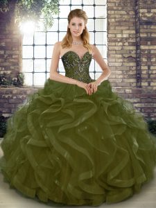 Olive Green Ball Gowns Tulle Sweetheart Sleeveless Beading and Ruffles Floor Length Lace Up Quince Ball Gowns