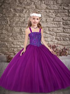 Fancy Floor Length Purple Pageant Dress Womens Tulle Sleeveless Beading
