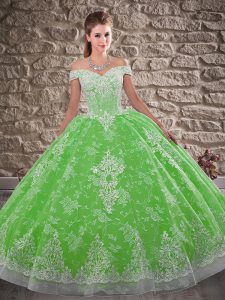 Lace Up Quinceanera Gowns Green for Military Ball and Sweet 16 and Quinceanera with Beading and Appliques Brush Train