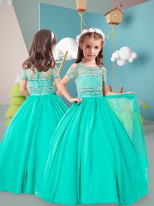 Floor Length Turquoise Pageant Dress for Teens Chiffon Short Sleeves Beading