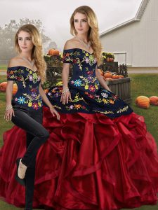 Artistic Off The Shoulder Sleeveless Lace Up Quinceanera Gown Red And Black Organza